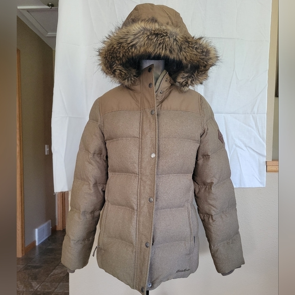 Eddie Bauer Brown Faux Fur Trim Hooded Down Winter Coat M